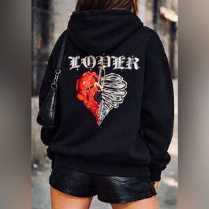 Black Hoodie with Heart and Wings Design
